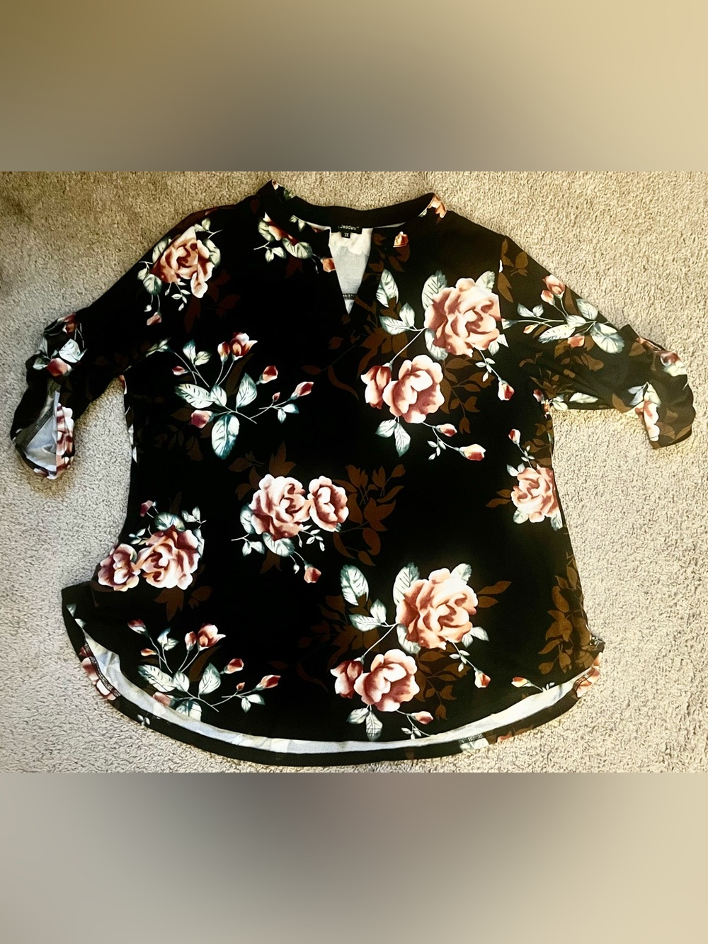 a.Jesdani Black Floral 3/4 Roll Tab V Neck High Low Tunic Top 3X